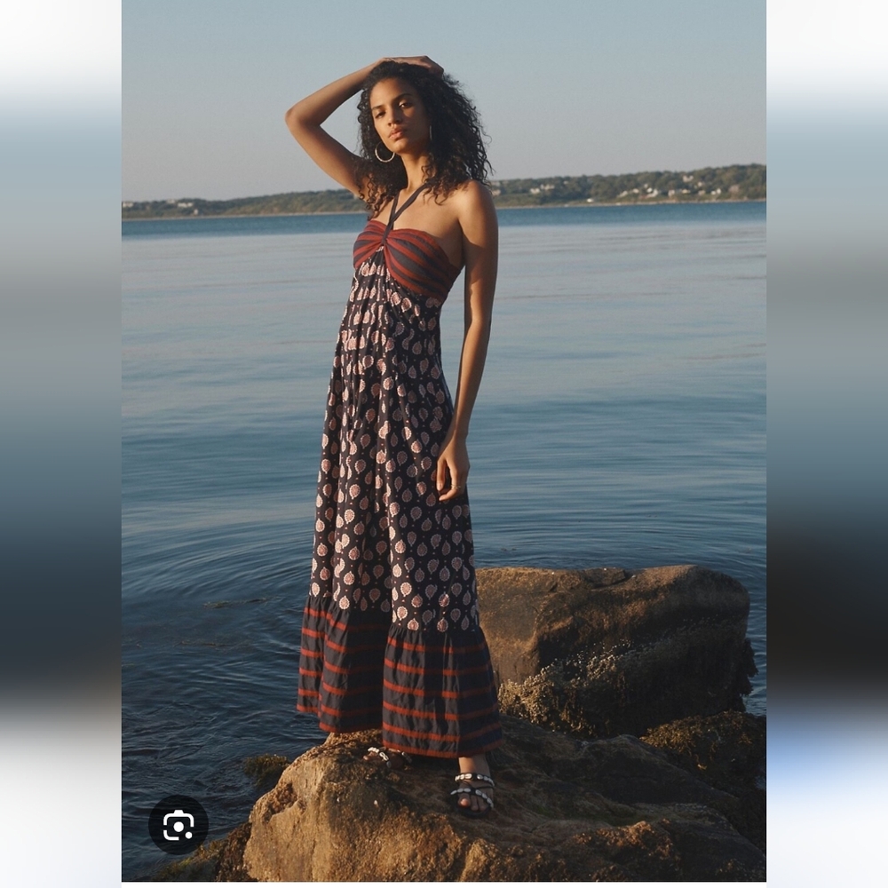 Anthropologie Rust Red and Navy Patterned Maxi Dress Size 14